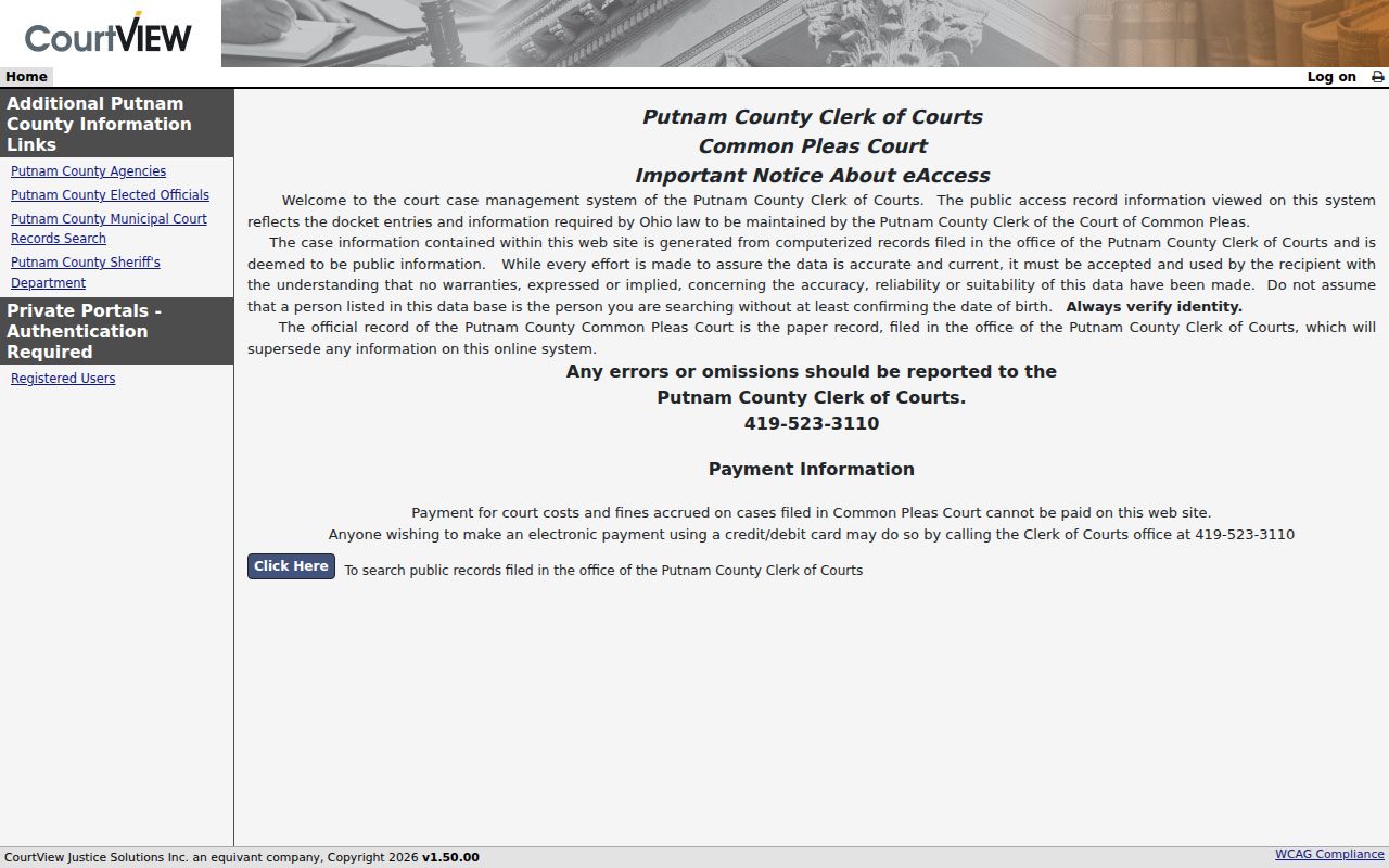 Putnam County case search Common Pleas CourtView entry page
