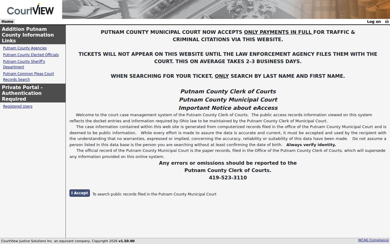 Putnam County case search Municipal CourtView public access notice