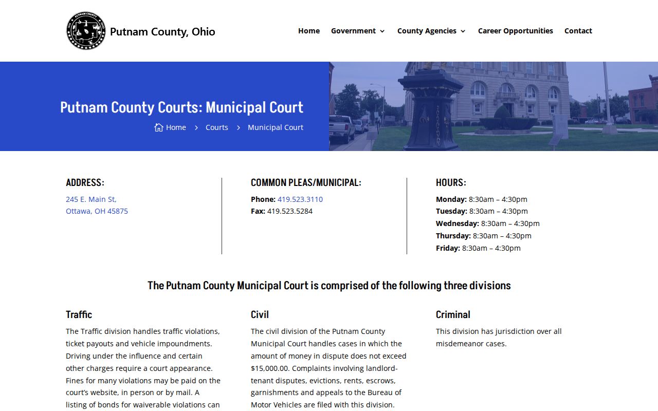 Putnam County traffic court docket access on the Municipal Court page