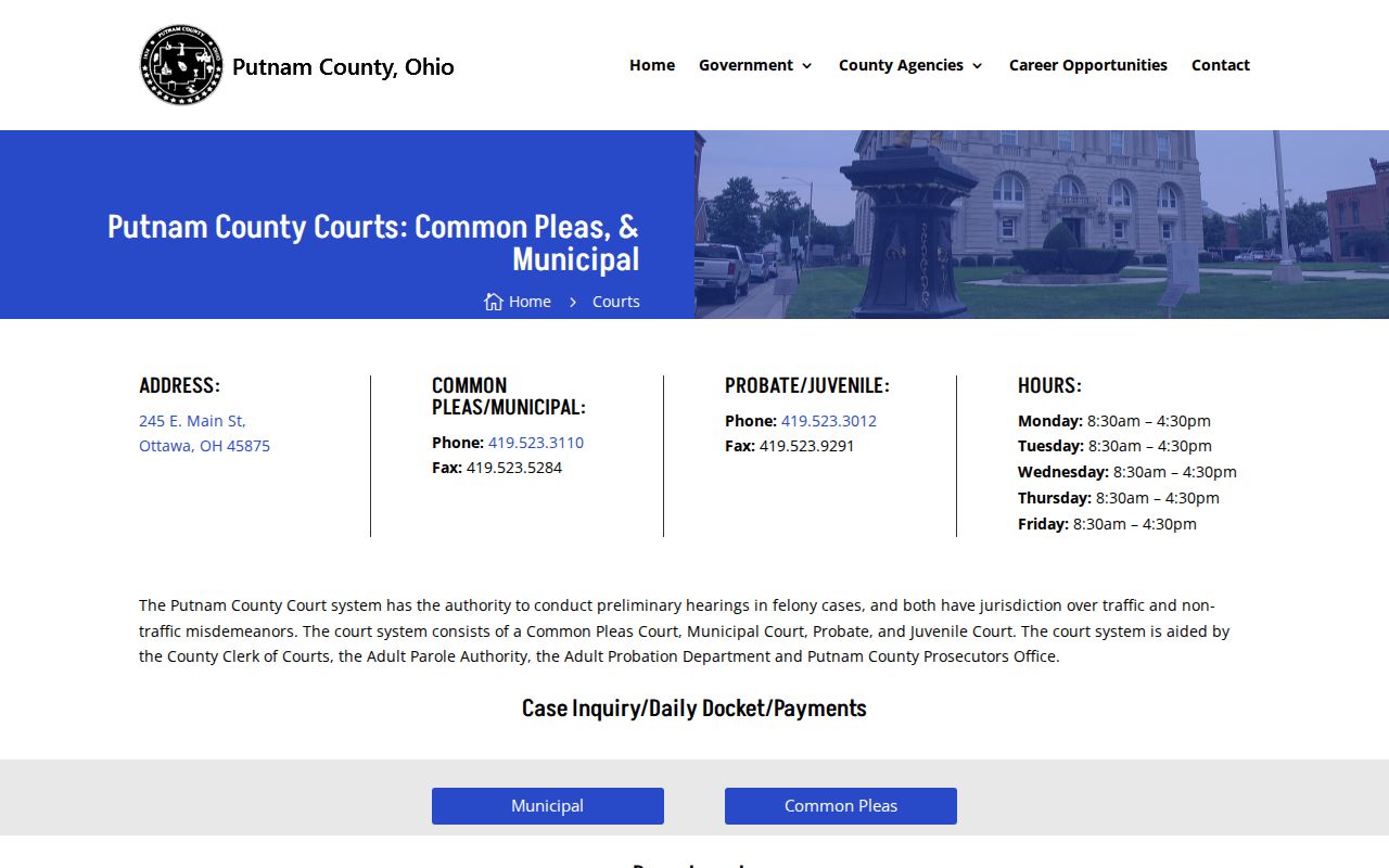 Putnam County court docket access links on the official county courts page