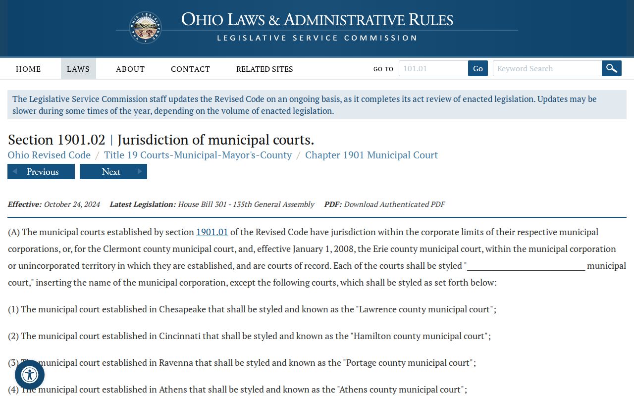 Putnam County traffic court records Municipal Court jurisdiction statute source